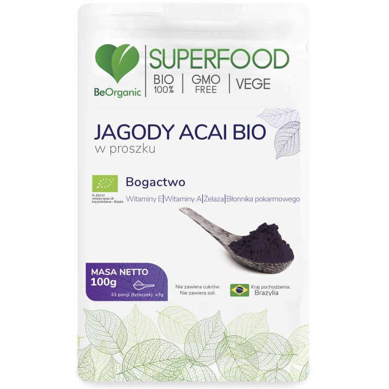 Jagody Acai są źródłem witaminy A, Witaminy E, żelaza, błonnika pokarmowego.