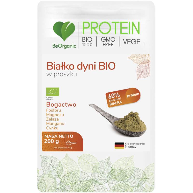 Białko dyni BIO w proszku 200g BeOrganic fosfor magnez żelazo mangan cynk blonnik pokarmowy
