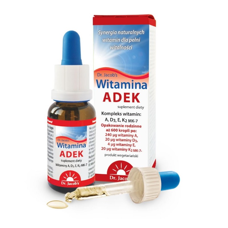 Witamina ADEK 20ml 600 porcji Dr jacobs A palmitynian retinylu D3 cholekalcyferol E tokoferole K2 mk7