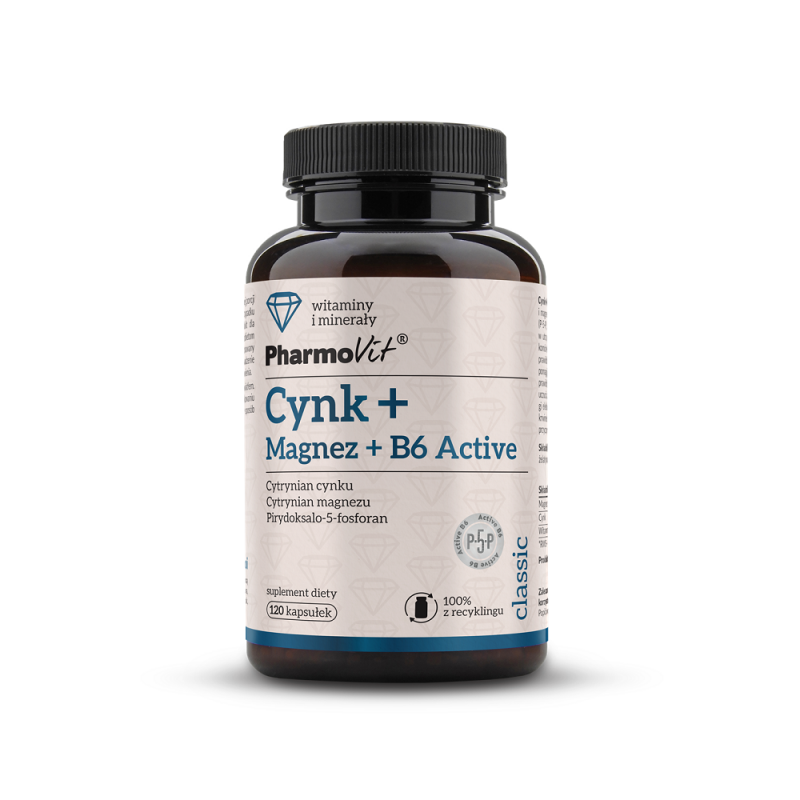 Cynk + Magnez + B6 Active 120 kaps. PharmoVit cytrynian cynku cytrynian magnezu B6 pirydoksalo-5-fosforan