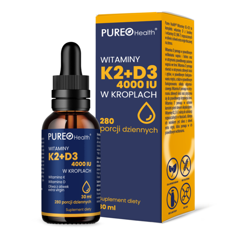 Witamina K2 + D3 - 30ml Pureo Health menachinon-7 cholekalcyferol octan-d-alfa-tokofery