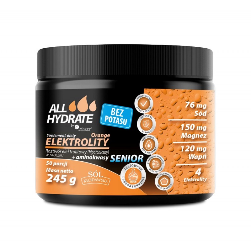 Elektrolity Senior Orange bez potasu 245g ALLHydrate sód magnez wapń