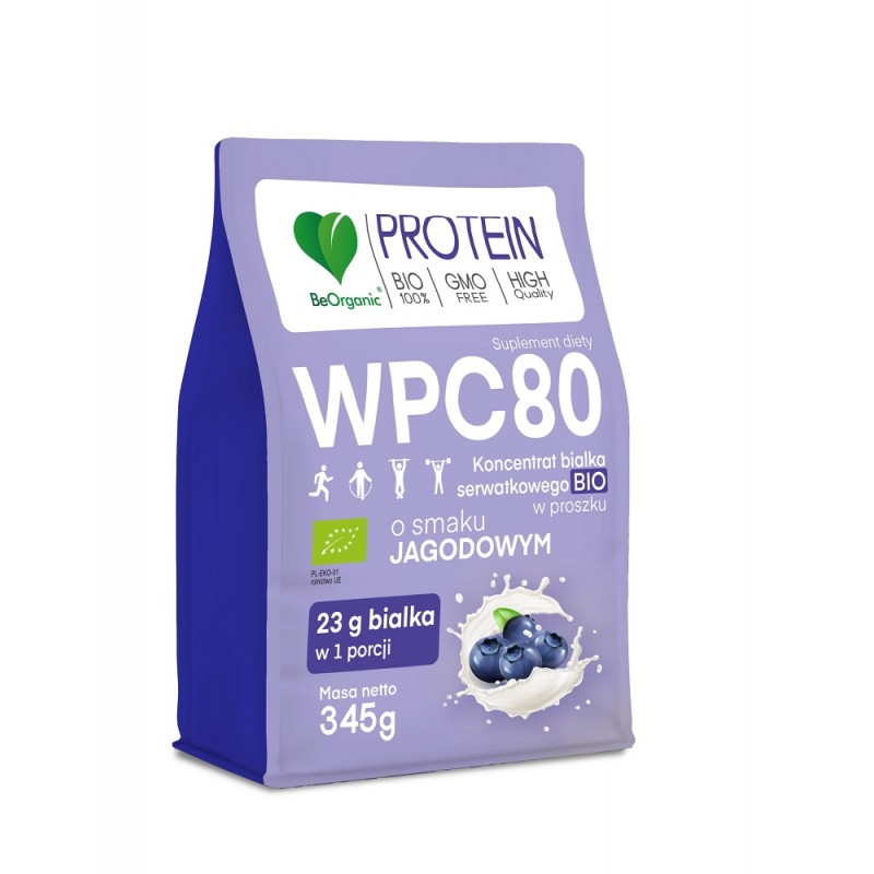 Białko serwatkowe WPC 80 o smaku Jagodowym 345g BeOrganic BCAA L-leucyna L-izoleucyna L-walina