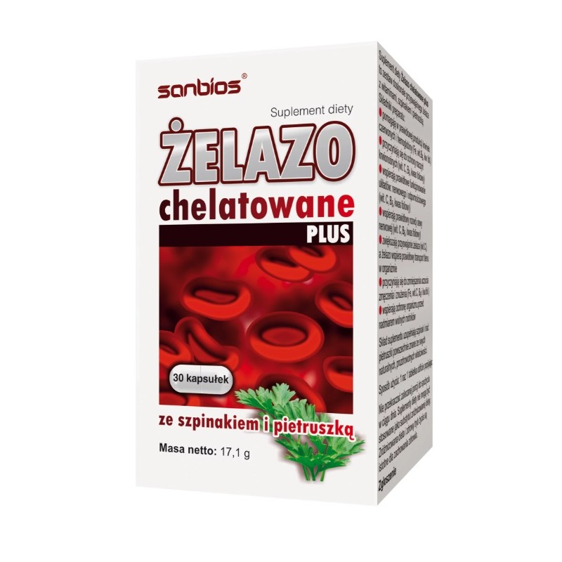 Żelazo chelatowane Plus ze szpinakiem i pietruszką 30 kaps. Sanbios diglicynian żelaza pietruszka szpinak wit. B6 kwas foliowy