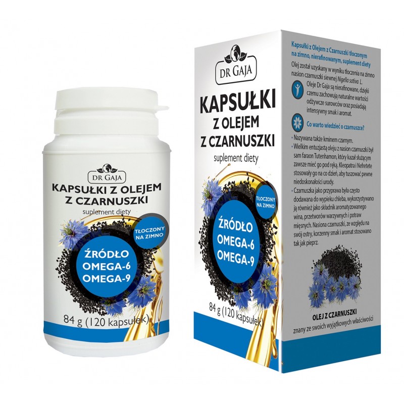 Kapsułki z Olejem z Czarnuszki Dr Gaja tłoczonym na zimno, nierafinowanym, suplement diety, 84g (120 kapsułek) 