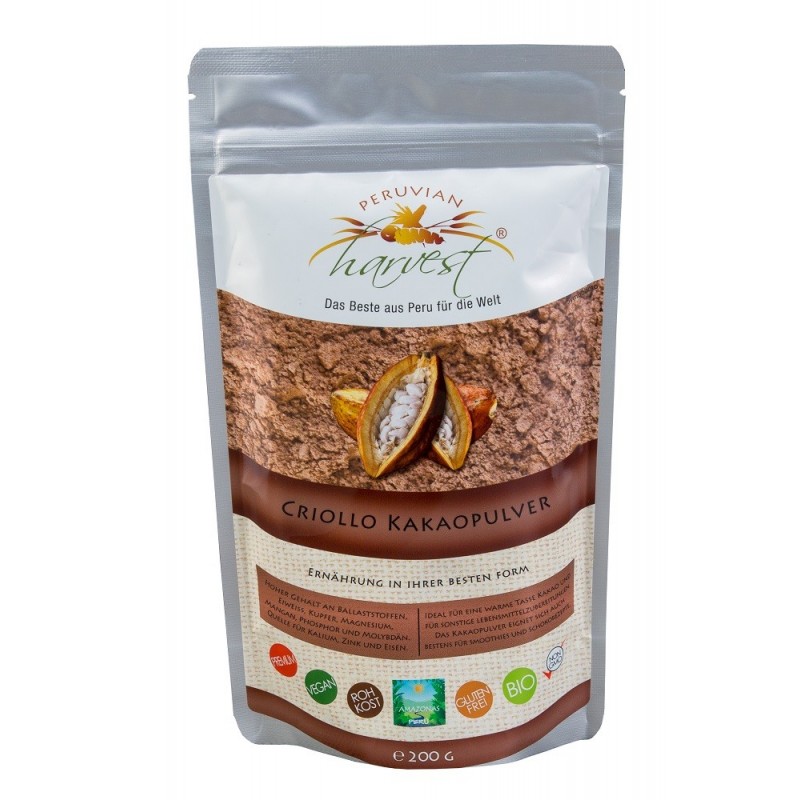 PH Kakao w proszku Criollo - 200g, EKO ekologiczne Kakao BIO Peru potas żelozo cynk magnez mangan miedź